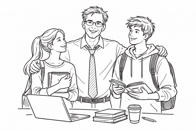 Profesor ayudando a estudiantes